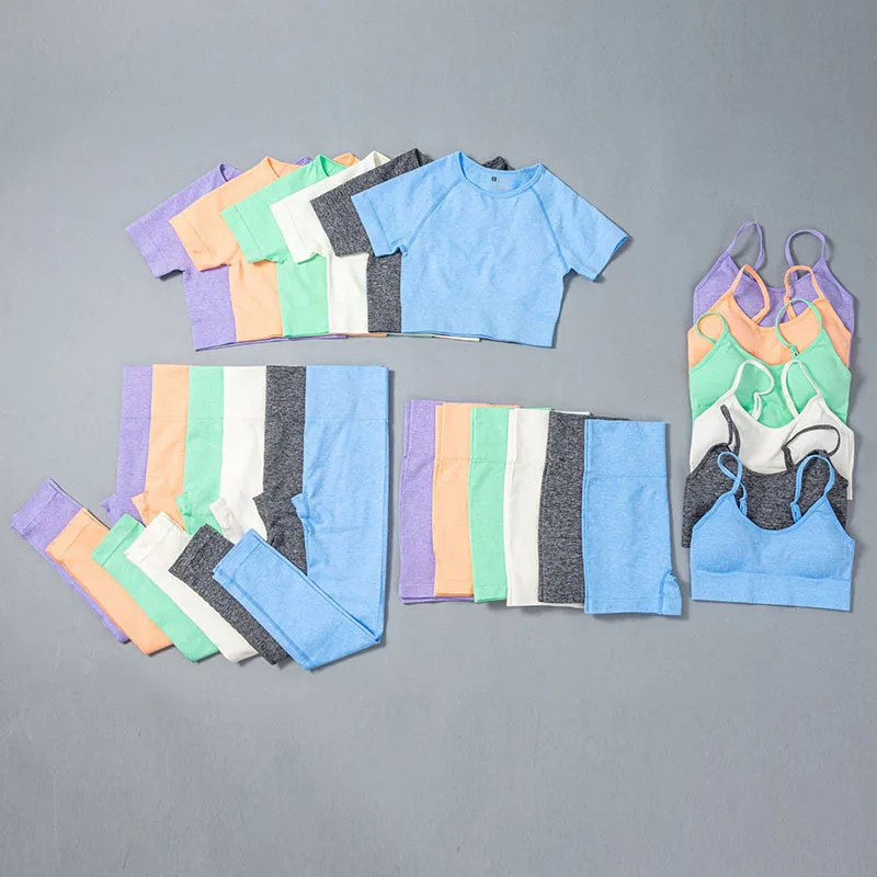 

yj034 Women Summer Colorful Seamless short Yoga Sets Fitness Wear Yoga Bra and short active gymwear, White/purple/orange/green/gray