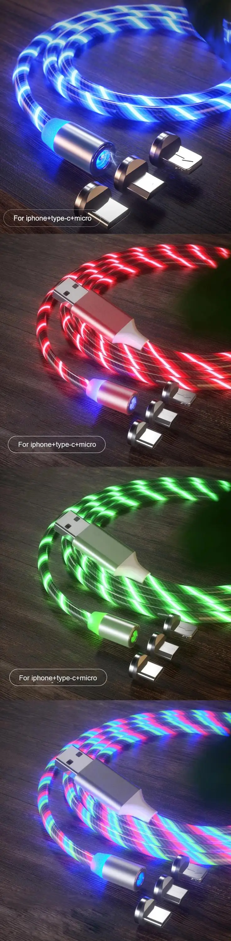 High Quality Usb Magnet Phone Charger 3 in 1 Micro Type C 8P Glow Led Glowing Flowing Fast Magnetic Charging Cable - ANKUX.COM
