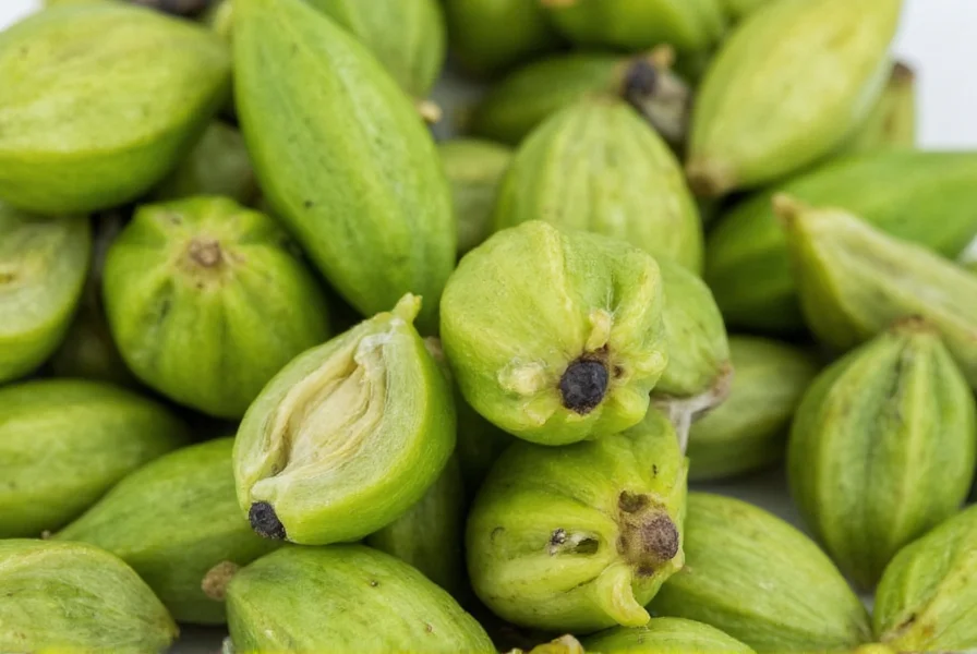 Close-up view of green cardamom pods showing triangular cross-section and black seeds