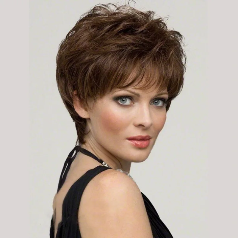 

Women Brown Black short curly human hair wig with bangs synthetic hair wig, 3 color