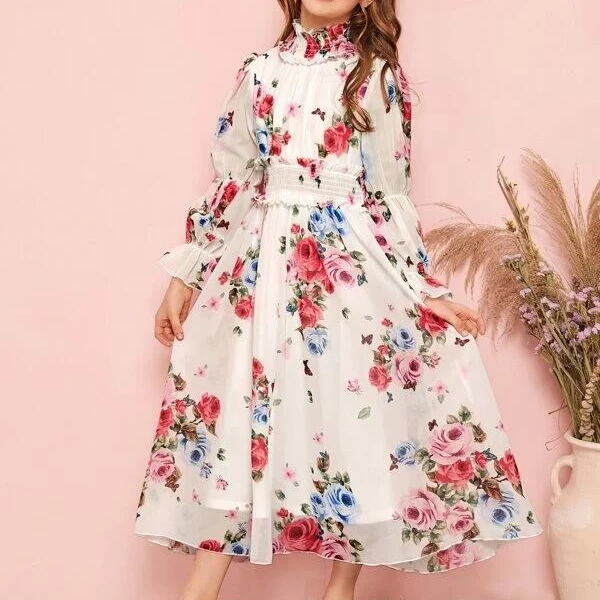 

Girls Frilled Neck Shirred Waist Floral Print Chiffon Dress, Picture shows