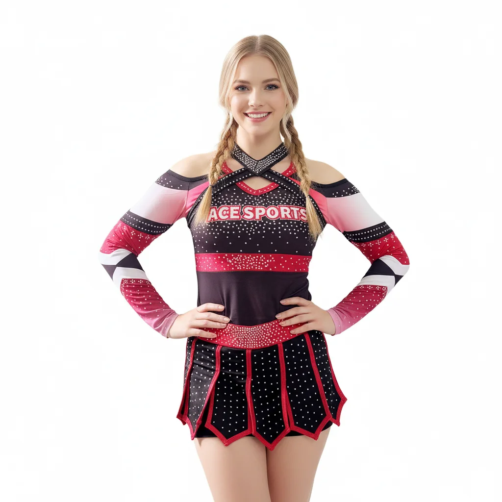New Style Mesh Long Sleeve Kids Leotard Gradient Color Ballet Gymnastics Leotards Bodysuits With Rhinestones Cheer Pleated Skirt