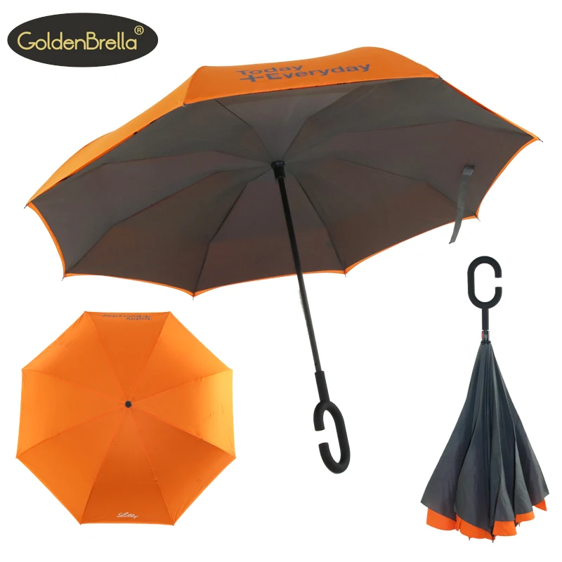 

Popular and fashion double layer inside out reverse umbrella C shape handle inverted umbrella with logo prints