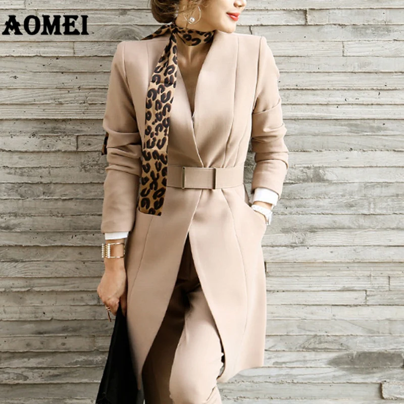 
Classy V neck Long Top And Pants Slim Belt Lady Blazer Suit With Scarf  (62311466997)