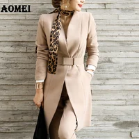 

Classy V-neck Long Top And Pants Slim Belt Lady Blazer Suit With Scarf