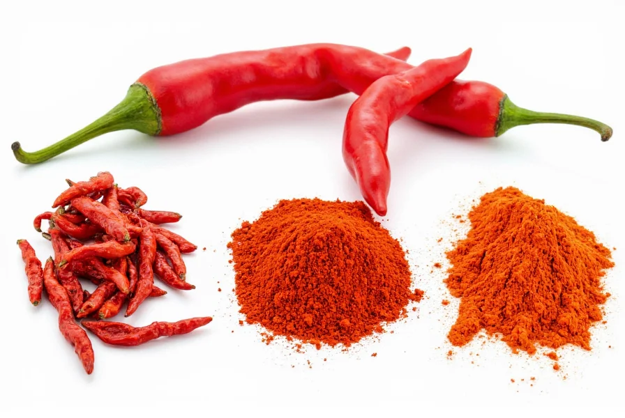 Various forms of cayenne pepper including fresh pods, dried peppers, and ground powder