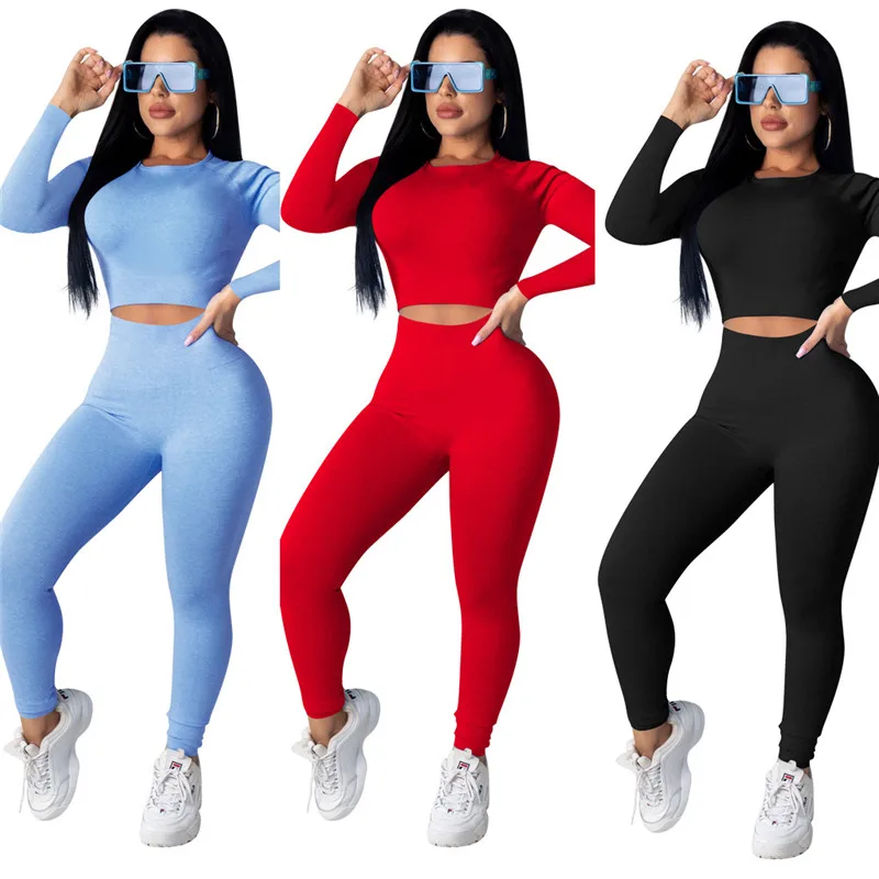 

2021 Long sleeve solid color bodycon two piece pant sets women clothing yoga sets fitness joggers 2 Piece set, As show