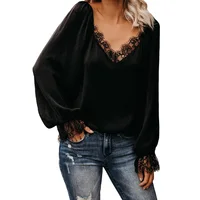 

Women Spring Autumn Fashion Casual Long Sleeve Satin Lace Blouse