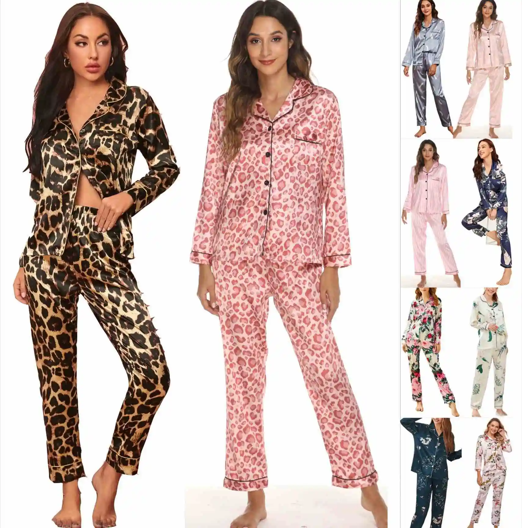 

wholesale small MOQ Amazon hot selling 2 piece long set polyester print satin silk girl pajamas women's sleepwear, Color