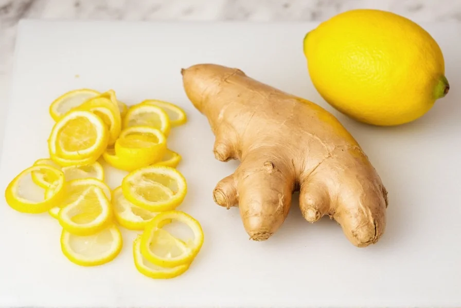 Fresh ginger root and lemon slices prepared for making ginger lemon shots