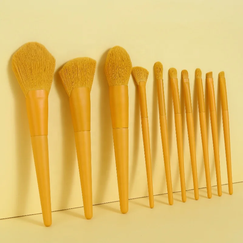 

High Quality Amazon Hot Selling 10pcs Wood Yellow Handle Face Beauty Eye Shadow Brush Foundation Brush Makeup Brushes Set, Customized color accepted