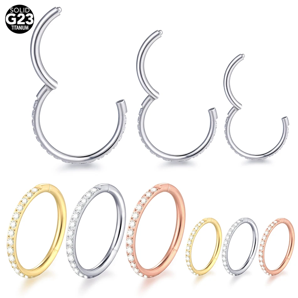 

Implant Grade Titanium Hinged Segment Hoop Nose Septum Ring Clicker Nose Helix Ear Piercings With Outward Facing Pave CZs