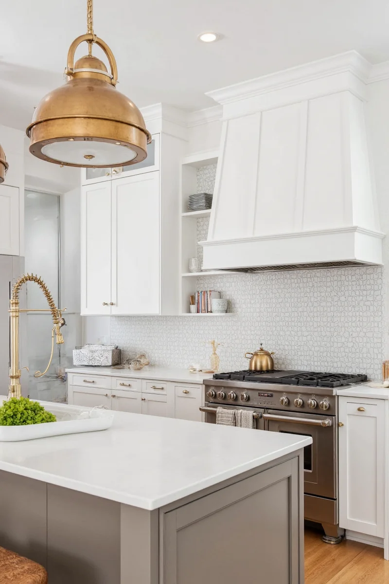 Bohemian-style kitchen with hanging plants and woven baskets