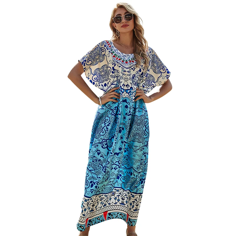 

Loose plus size print high waist dress casual blouse blue women maxi dresses
