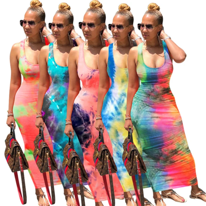 

Summer Fashion Bodycon Women Long Dress Strappy Backless Tie Dye Tank Dress, As pic show, customized