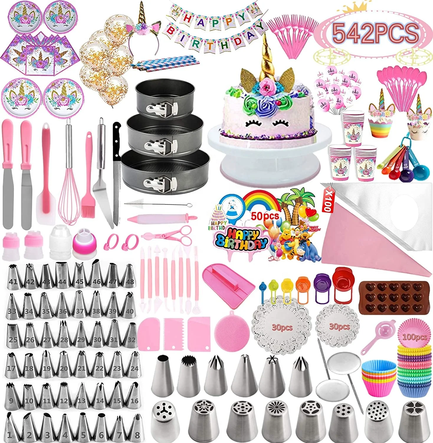 

Amazon Top New Hot Sell 542 PCS Cake Decorating Supplies Kit Baking Accessories Fondant Cake Pans Mold Cake Decorating Tools Set, White