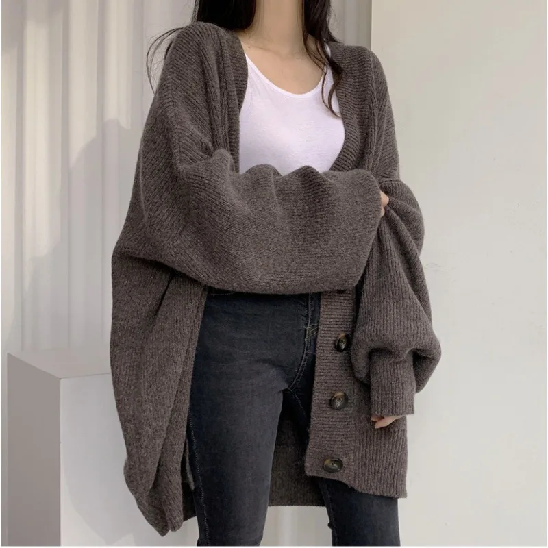 

Casual slouchy V-neck single breasted loose lantern sleeve cardigan sweater coat for women