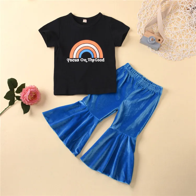 

Toddler Clothing Sets Girl Cotton Top Printed Rainbow+Pleuche Flares 2Pcs Clothes Kids Summer Clothes Wholesale Fashion, Black