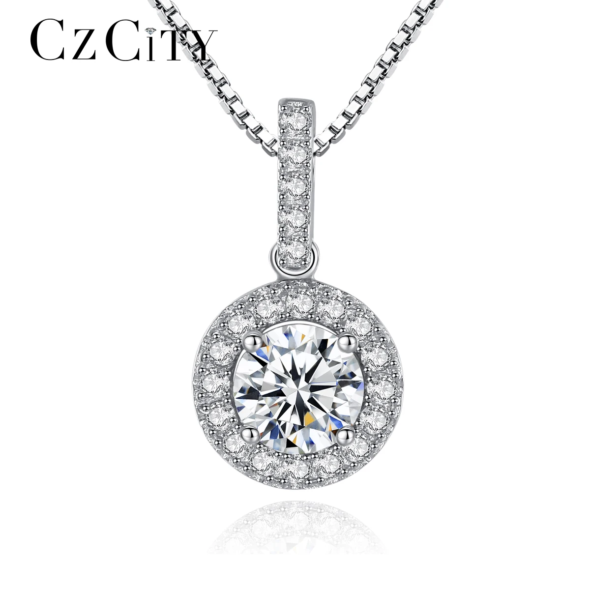 CZCITY 925 Sterling Silver Halo Pendant Necklace With Sparkle AAA Cubic Zirconia Diamond Women Luxury Elegant Neck Jewelry