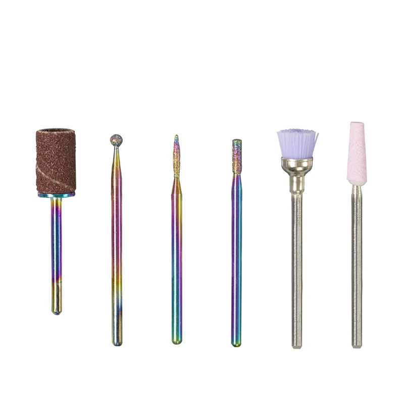 

Drill Accessories 6Pcs Rainbow Diamond Nail Drill Bit Set 3/32" Milling Cutter for Manicure Burr Cuticle Bits, White,gold,silver