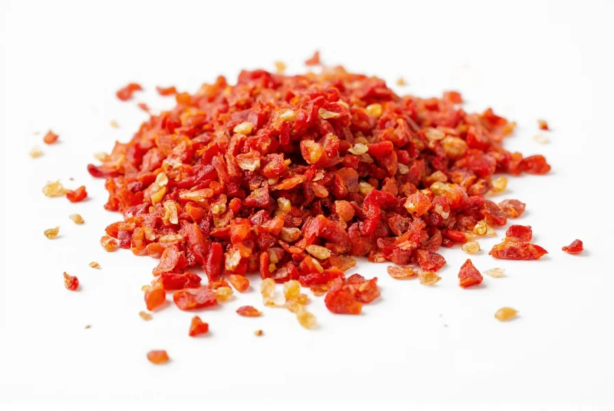 Close-up view of red pepper flakes on white background showing different sized fragments and seeds