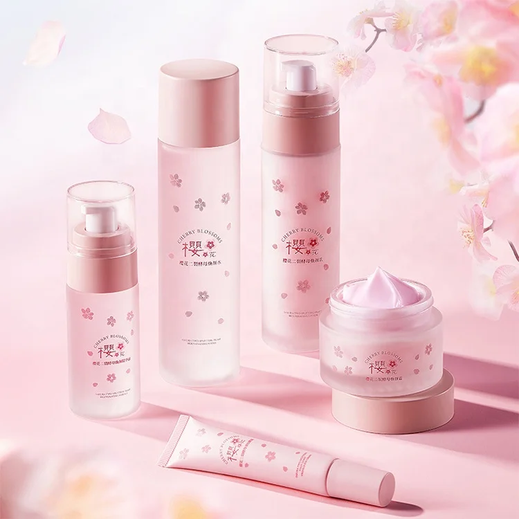 

Wholesale Custom Organic Sakura Two-splitting Yeast Rejuvenating Moisturize Brighten Fading Fine Lines 5 Pcs Skin Care Set
