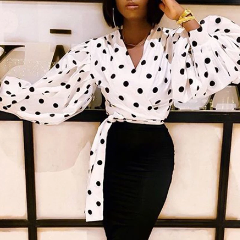 

Black White Long Elastic Waist Polka Dot Loose See Through Lady Blouse