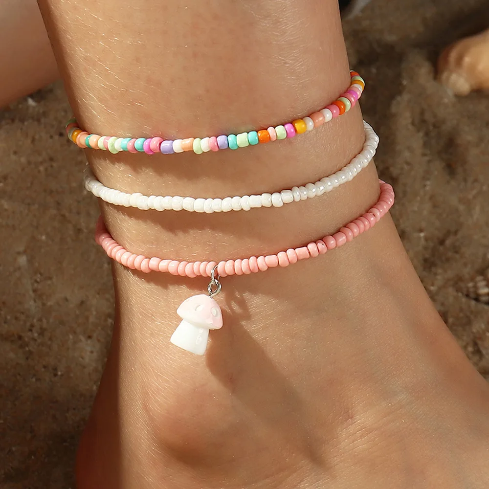 

Bohemia Beach Summer Foot Jewelry 3Pcs Set Little Mushroom Seed Beaded Anklet Pink Glass Bead Chain Ankle Bracelet