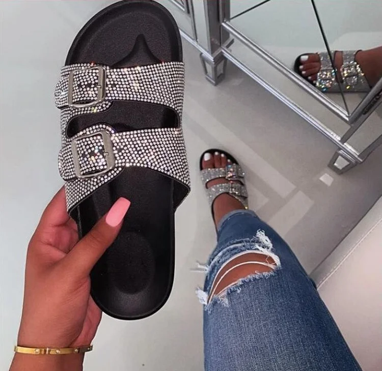 

2021 new women Double-layer rhinestone outdoor beach shoes slippers crystal buckles women students shoes, Nude ,sliver ,black ,snake skin