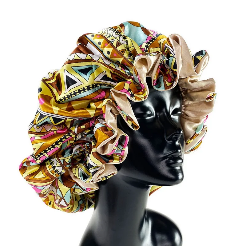 

Double Layer Plant Printing Hair Bonnets Sleeping Cap Women African Print Bonnets Satin