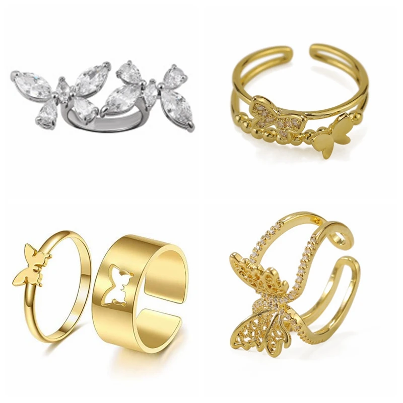 

Romantic wedding matching couples rings set gold plated jewelry women butterfly rings