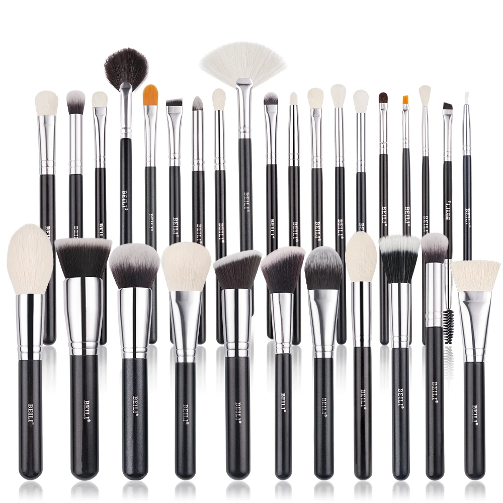 

BEILI High quality New Shinny Black/Silver 30pcs brushes set makeup Foundation Highlight Fan Eyeliner Eyebrow Brushes Set Stock