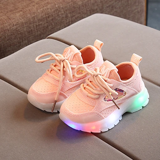 

Boys Sport shoes Mesh Casual Shoes Baby Stretch Fabric Breathable LED Flashing Girl Shoes, As pictures