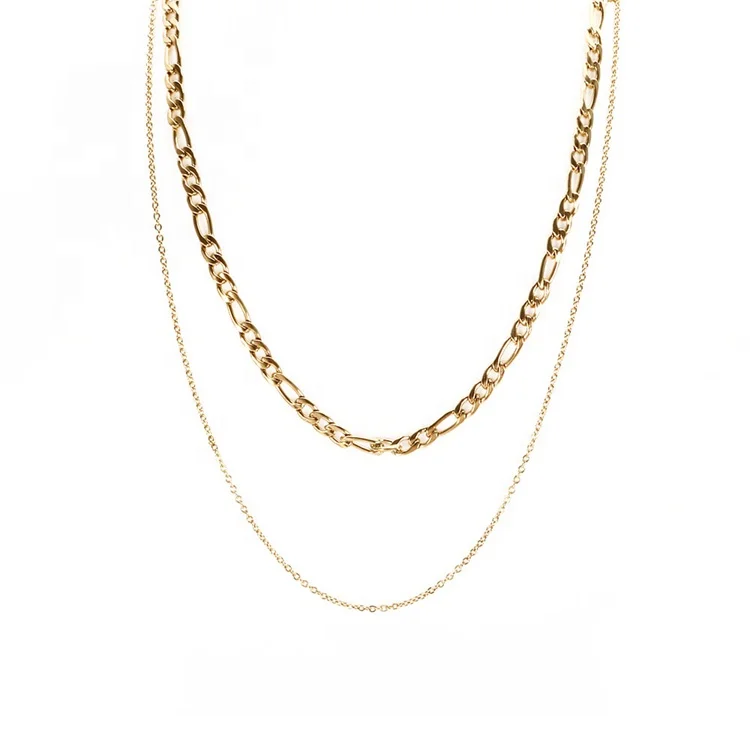 

New Trendy Women Jewelry Chain Double Layered Necklace 18K Gold Plated Stainless Steel Figaro Chain, Gold color