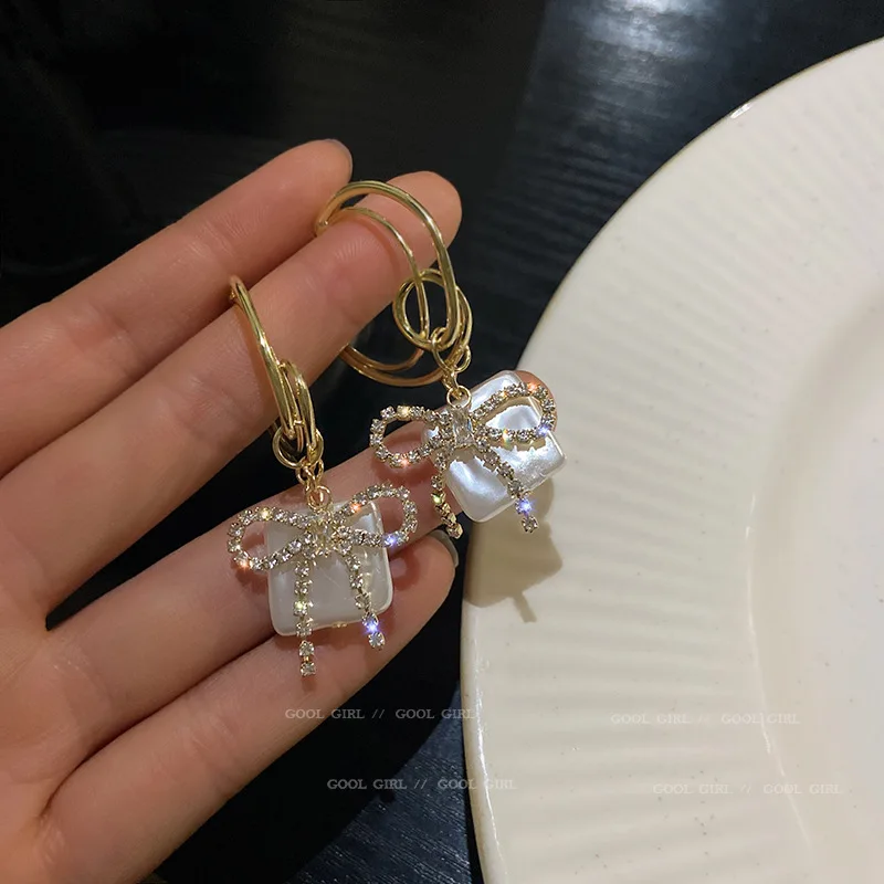 

fashion trendy crystal drop bowknot earrings pearl