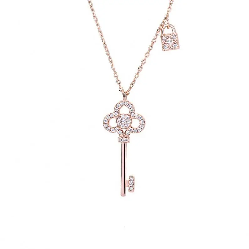 

Special Price Key Lock Design Necklace Cubic Zirconia Crystal Necklace Flower Shape Pendant Women's Jewelry, Platinum/rose gold