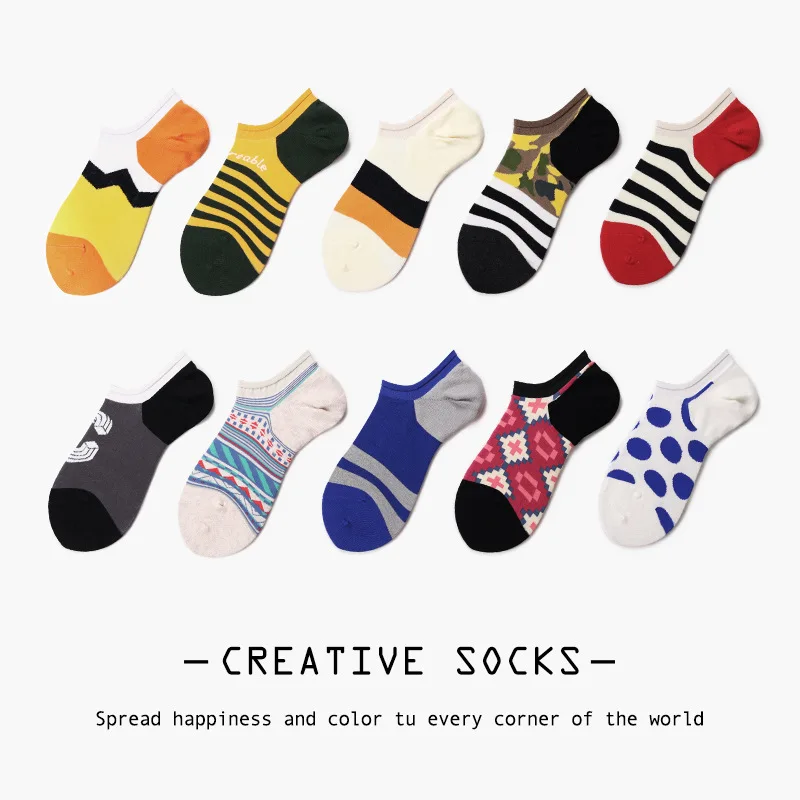 

XIANGHUI 2020 Wholesale Custom Funny Pattern Strip Jacquard Fashion Tube Cotton Low Cut Invisible Socks For Men