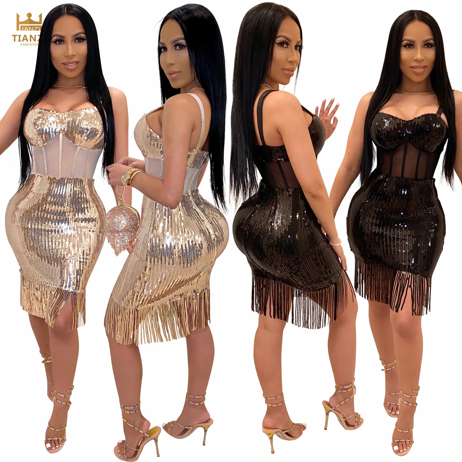 

X5158 - women luxury shiny bling sequins dresses with fringe