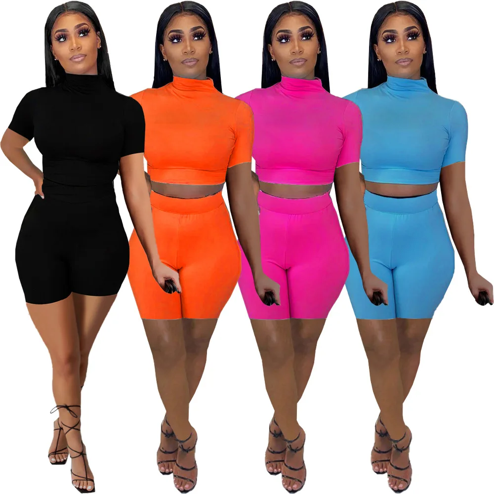 

DN8622 Hot sell summer short sleeve women two piece sets 2021 crop top womans 2 piece set sexy solid bodycon short sets women