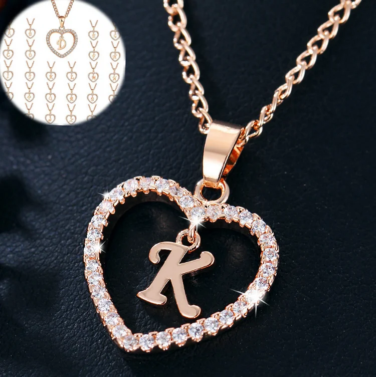 

Factory wholesale rose gold 26 initial heart necklace with zircon, Silver/rose gold