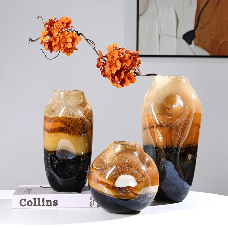 Simple Modern Light Luxury Creative Black and White Gold Glass Vase Ornaments Model Room Living Room Porch Desktop Flower Vase