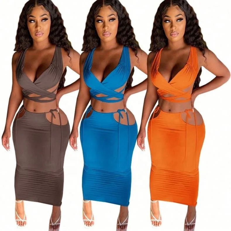 

Sexy 2 Piece Set Women Club Outfits For Women Sexy Long Skirts Bra Top Wholesale Summer Two Piece Skirt Set Women Clothing