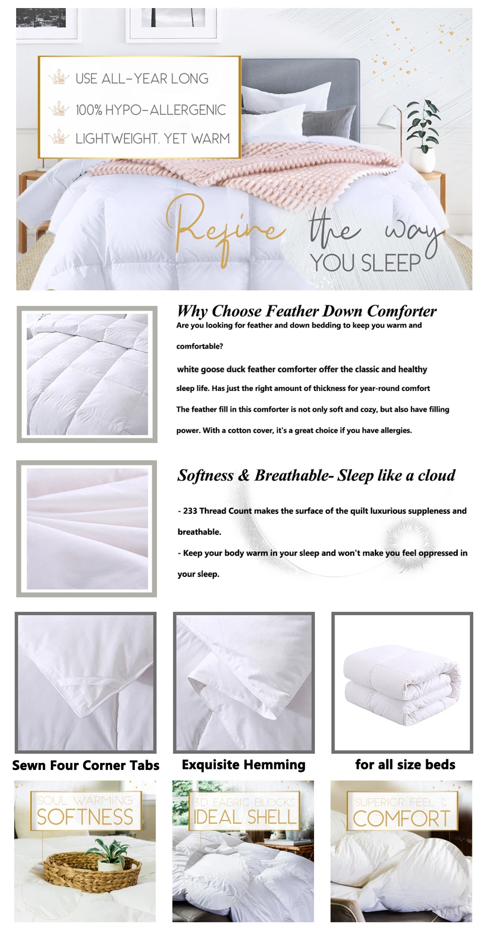 Customized various types different choices goose down/duck down/down alternative hotel comforter