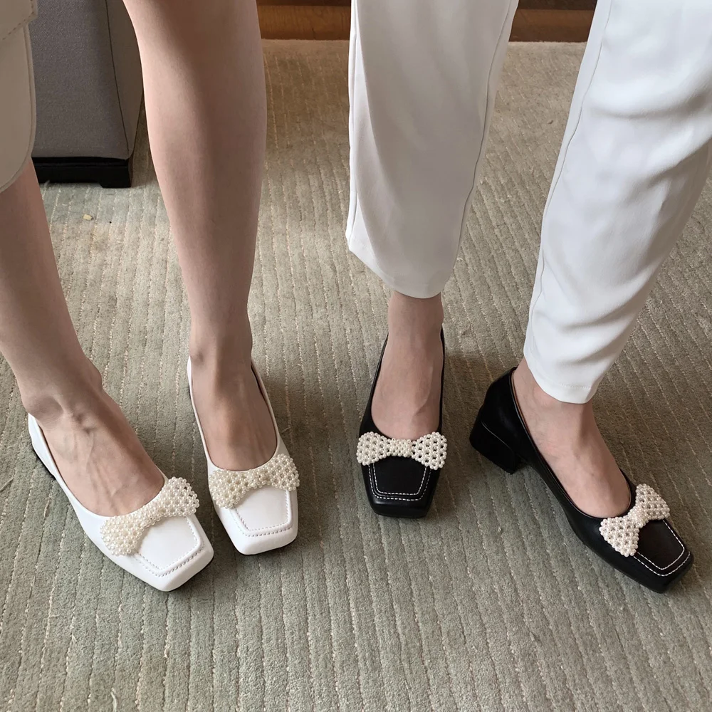 

Brand shoes Korean sweet girl pumps pearl butterfly knot detail square toe slip office lady footwear female dress shoes