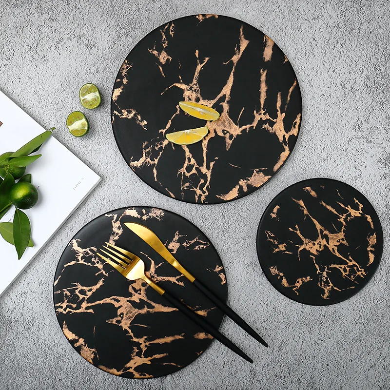 

6/8/9/10/12 inch Matte Black Marble Gold Inlay Restaurant bread Susie Cheese tray Round plate ceramics Cake tray