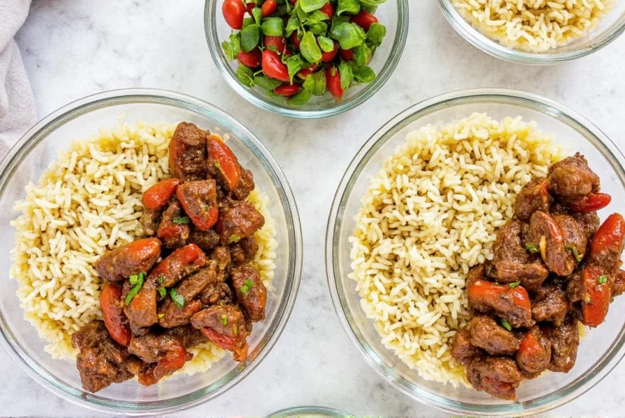 Meal prep containers with crock pot pepper steak and rice, perfect for weekly lunches