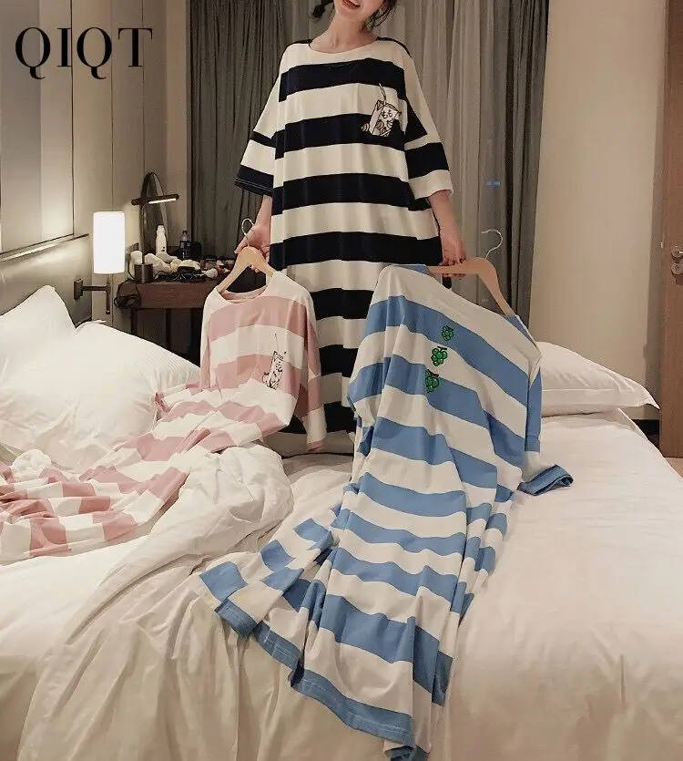 

Good Quality Summer Short Sleeved Striped Nightdress Female Cartoon Fruit Loose Ladies Dress