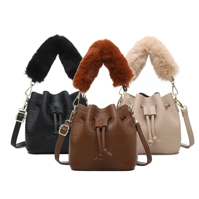 

Unique Design Leather Crocodile Pattern Top Handle Fur Bags Bucket Drawstring Bag