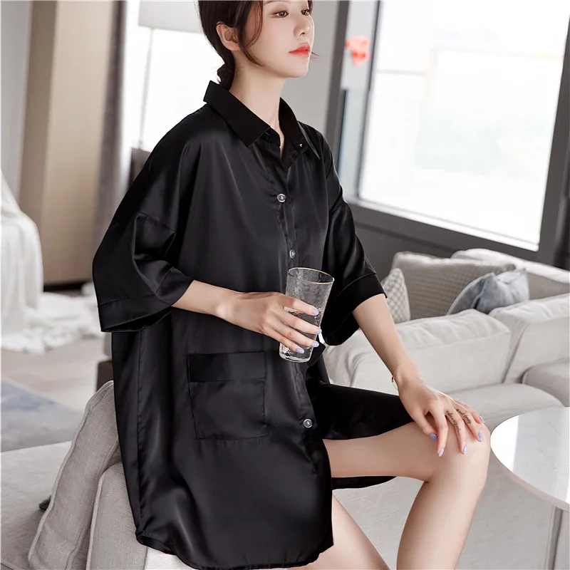 

JULY'S SONG Satin Sleepdress Female Summer Autumn Half Sleeve Women's Pajama Casual Solid Lapel Collar Button Sleepwear Homewear, White black pink blue