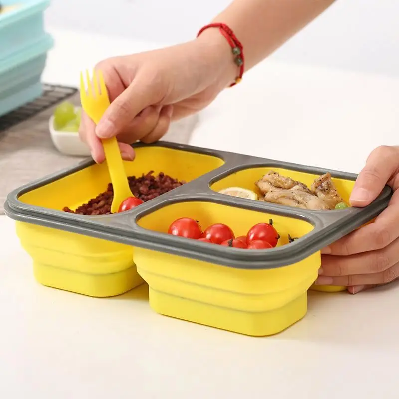 

Collapsible Leakproof 3 Compartment Silicone Bento Lunch Box Food Container For Kids And Adults, Blue, purple, red, customized